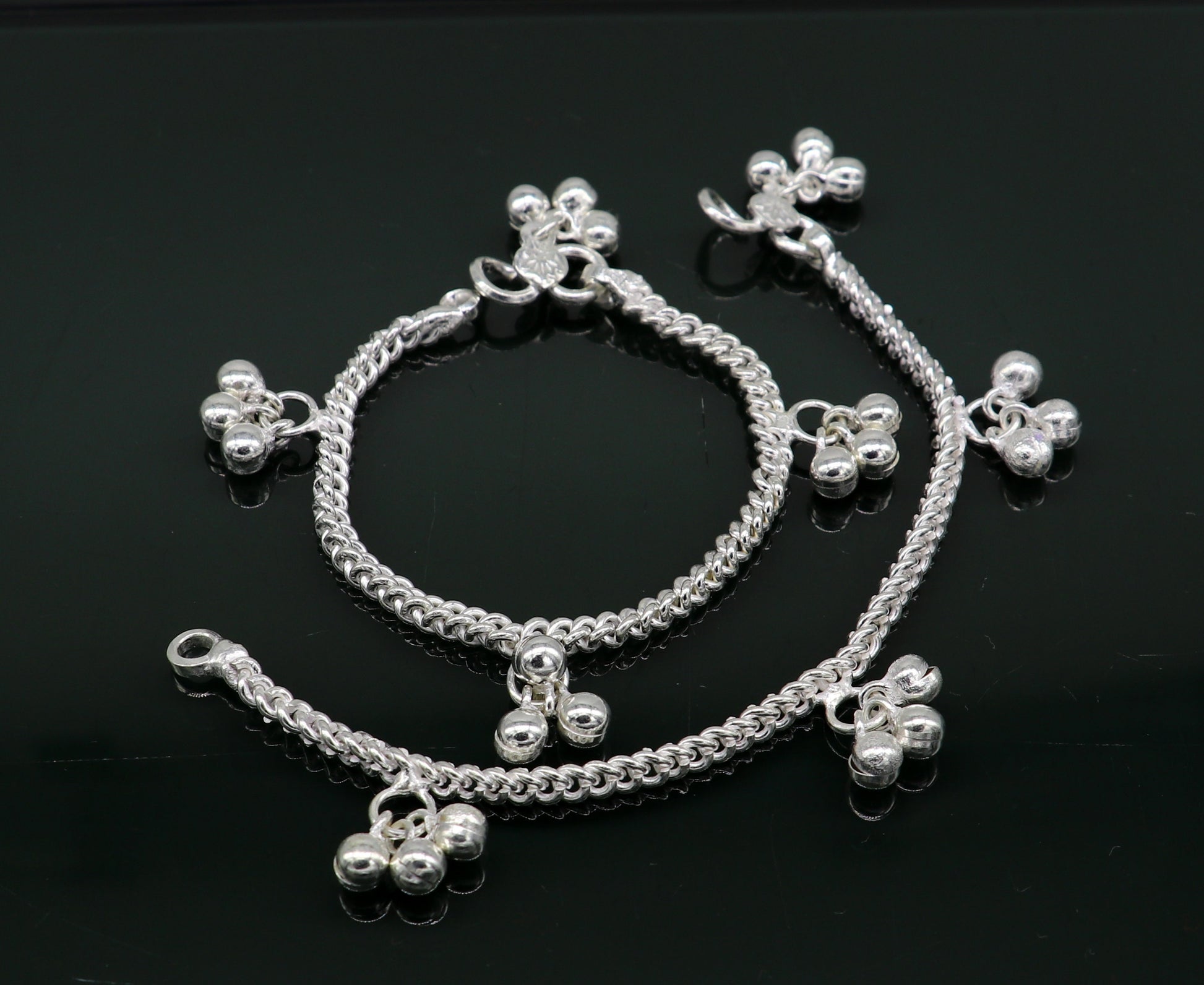 6" sterling silver kids customized designer noisy bells anklets baby ankle bracelet, noisy charm anklets kids jewelry from India ank321 - TRIBAL ORNAMENTS