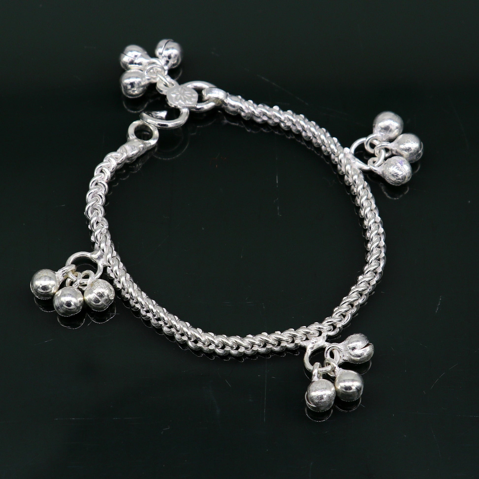 6" sterling silver kids customized designer noisy bells anklets baby ankle bracelet, noisy charm anklets kids jewelry from India ank321 - TRIBAL ORNAMENTS