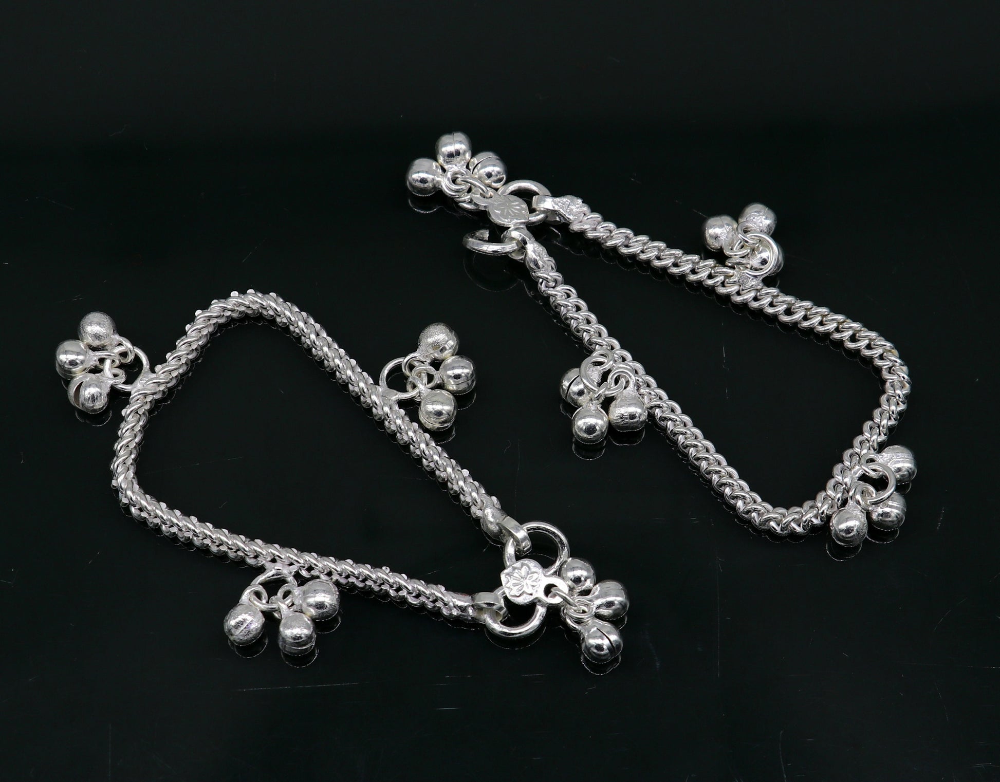 6" sterling silver kids customized designer noisy bells anklets baby ankle bracelet, noisy charm anklets kids jewelry from India ank321 - TRIBAL ORNAMENTS