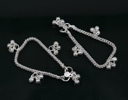 Sterling silver kids anklet with colorful noisy bells, custom design, tribal ornament jewelry for babies and children from India.