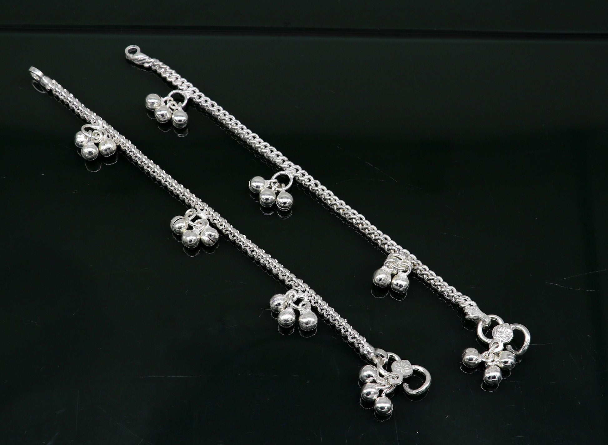 6" sterling silver kids customized designer noisy bells anklets baby ankle bracelet, noisy charm anklets kids jewelry from India ank321 - TRIBAL ORNAMENTS