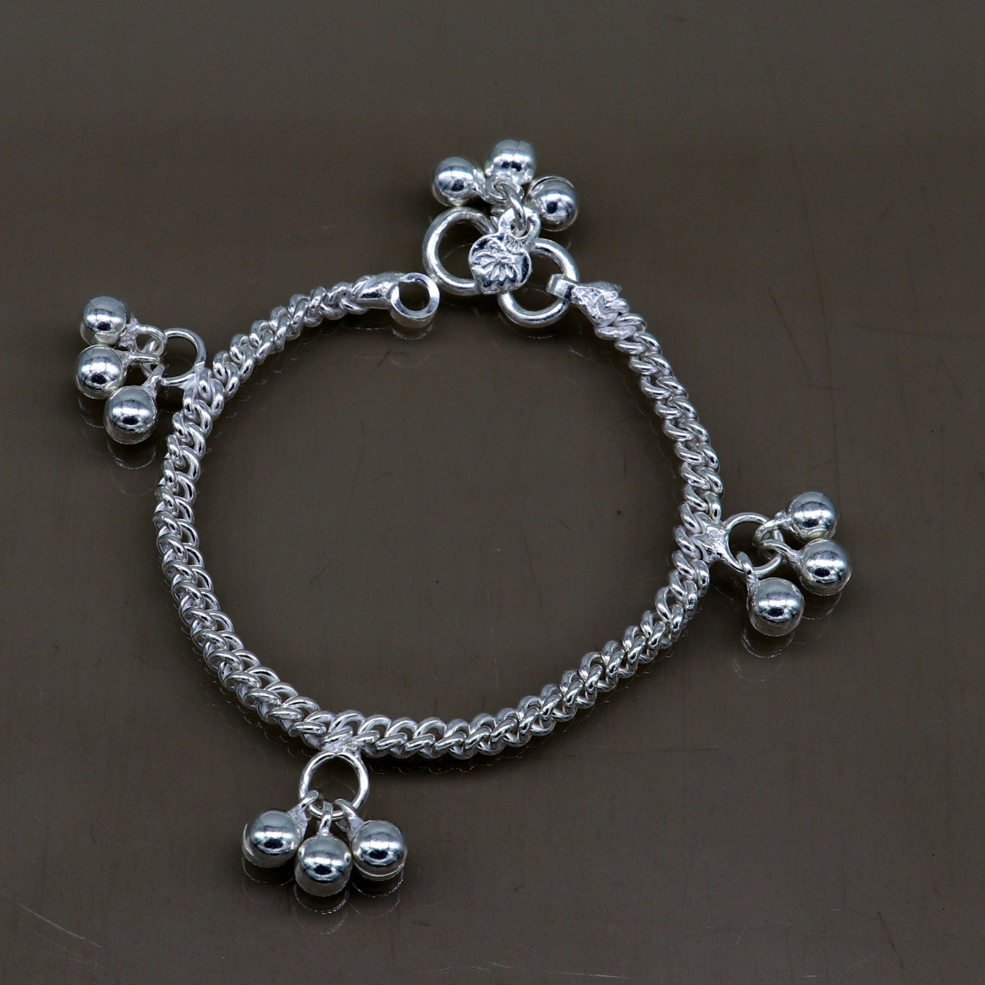 6" sterling silver kids customized designer noisy bells anklets baby ankle bracelet, noisy charm anklets kids jewelry from India ank321 - TRIBAL ORNAMENTS