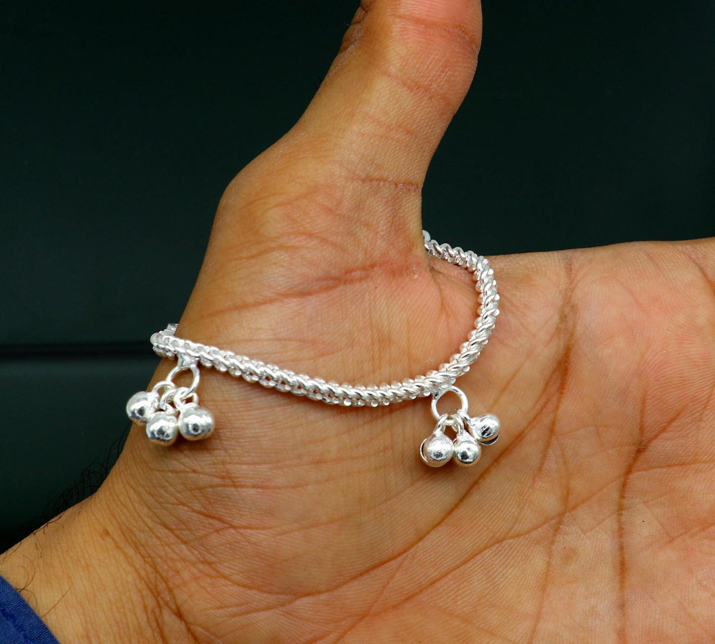 6" sterling silver kids customized designer noisy bells anklets baby ankle bracelet, noisy charm anklets kids jewelry from India ank321 - TRIBAL ORNAMENTS