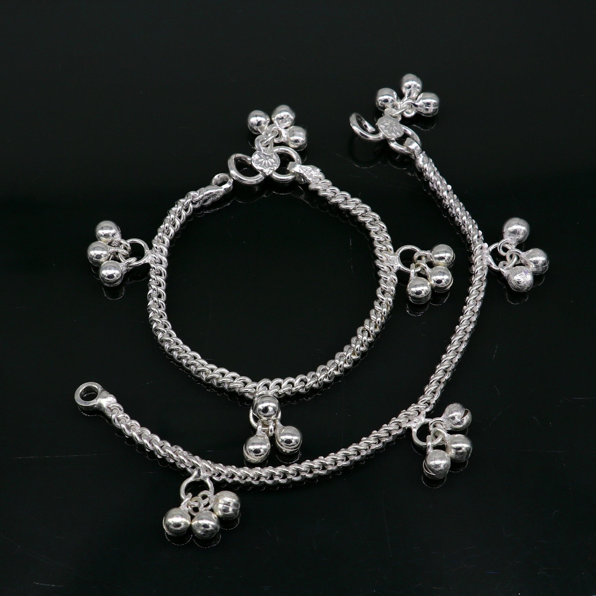 6" sterling silver kids customized designer noisy bells anklets baby ankle bracelet, noisy charm anklets kids jewelry from India ank321 - TRIBAL ORNAMENTS