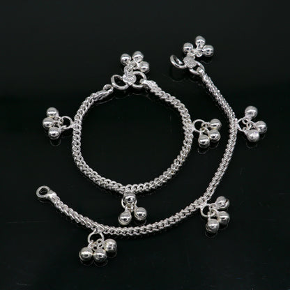 Sterling silver kids anklet with colorful noisy bells and charms, custom-designed baby ankle bracelet from Tribal Ornaments India