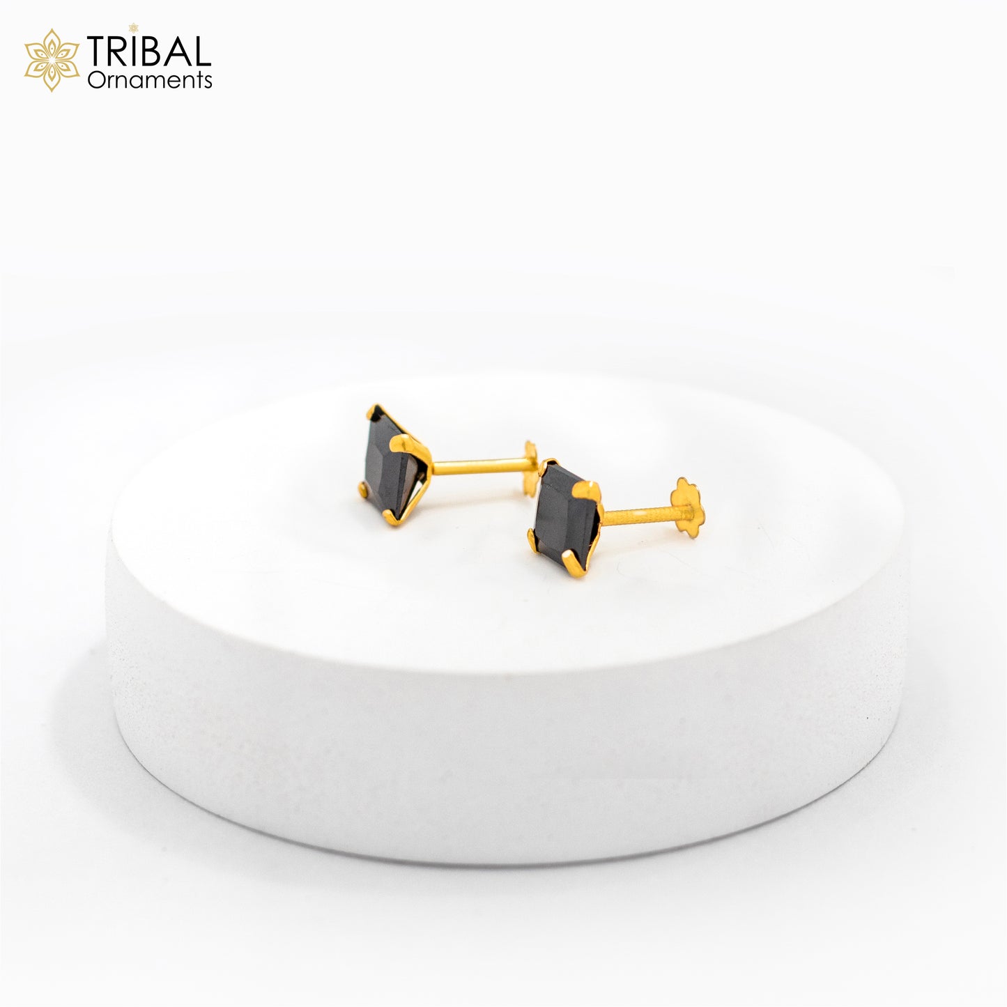 6mm 18kt yellow gold handmade single black stone back screw stud earring cartilage customized unisex jewelry er139 - TRIBAL ORNAMENTS