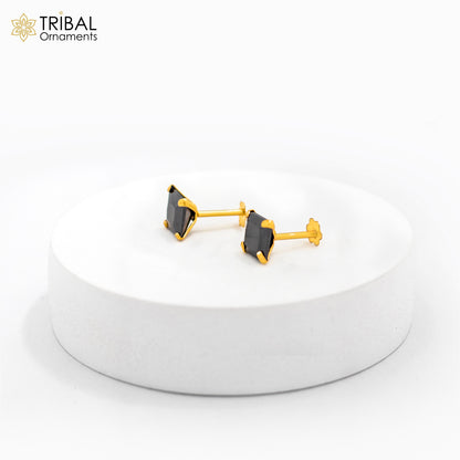 6mm 18kt yellow gold handmade single black stone back screw stud earring cartilage customized unisex jewelry er139 - TRIBAL ORNAMENTS