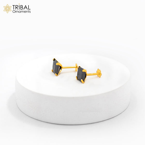 6mm 18kt yellow gold handmade single black stone back screw stud earring cartilage customized unisex jewelry er139 - TRIBAL ORNAMENTS