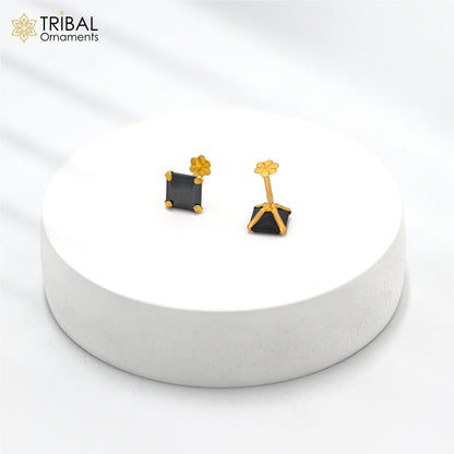 6mm 18kt yellow gold handmade single black stone back screw stud earring cartilage customized unisex jewelry er139 - TRIBAL ORNAMENTS