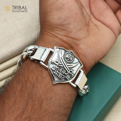 7.5-inch sterling silver Jai Mewar logo heavy chain bracelet for men, tribal ornaments jewelry design.