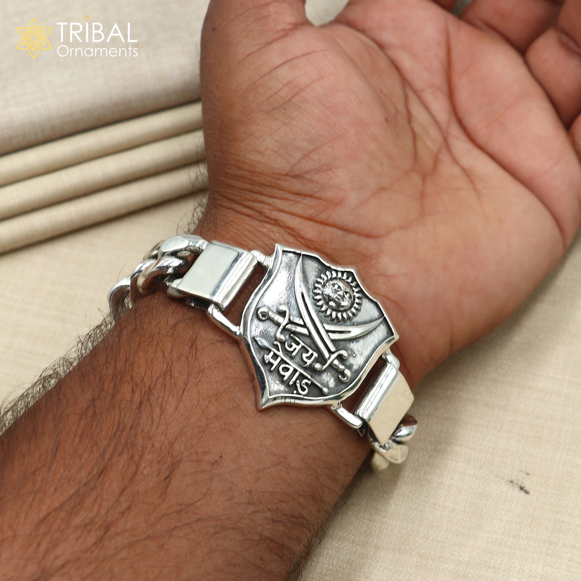 7.5 inches 925 sterling silver jai mewar logo heavy chain bracelet, men's jewelry sbr768 - TRIBAL ORNAMENTS