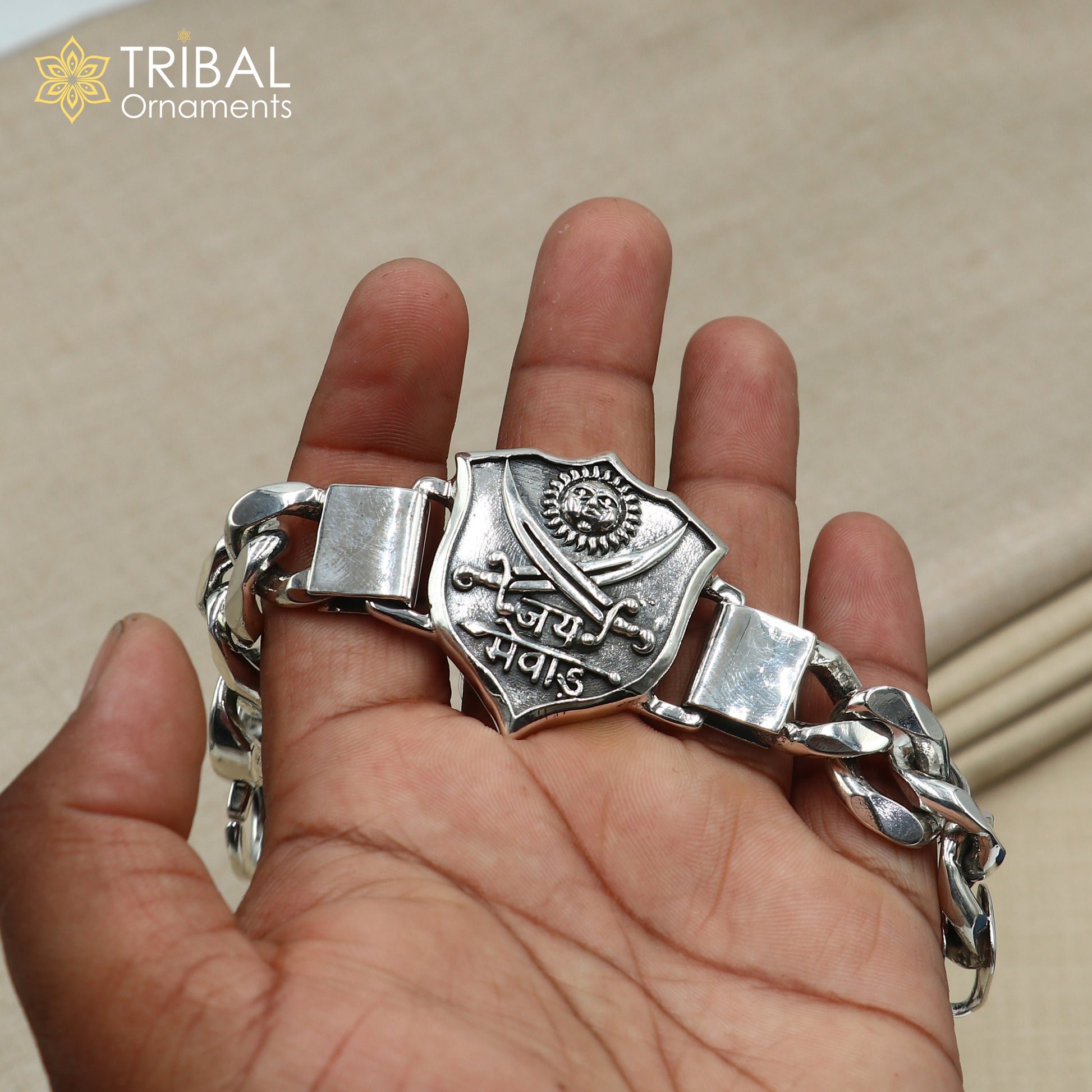 7.5 inches 925 sterling silver jai mewar logo heavy chain bracelet, men's jewelry sbr768 - TRIBAL ORNAMENTS