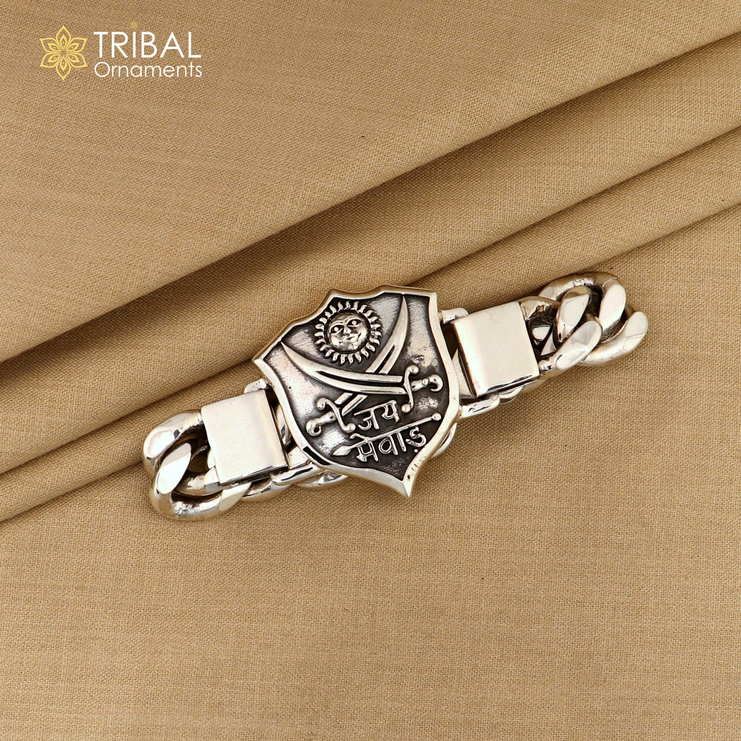 7.5 inches 925 sterling silver jai mewar logo heavy chain bracelet, men's jewelry sbr768 - TRIBAL ORNAMENTS