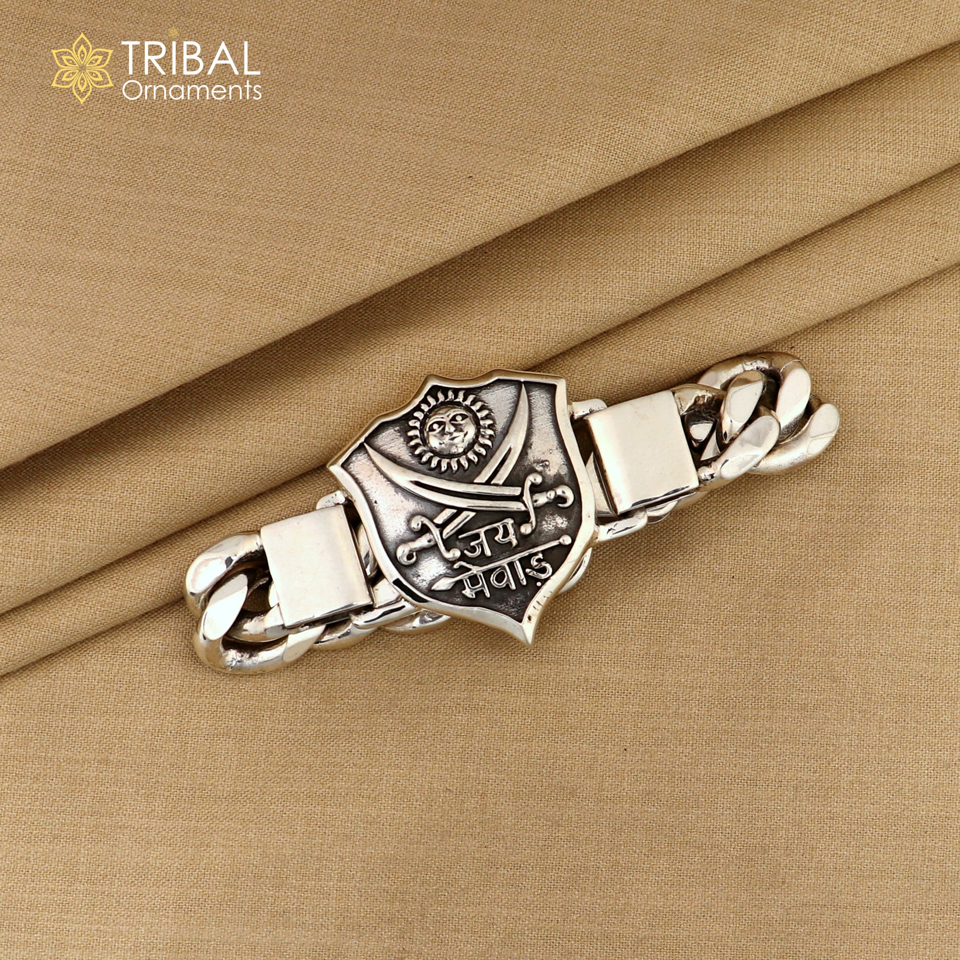 7.5 inches 925 sterling silver jai mewar logo heavy chain bracelet, men's jewelry sbr768 - TRIBAL ORNAMENTS