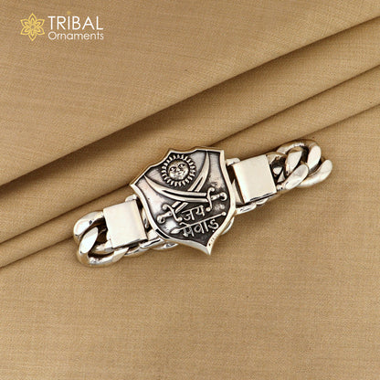 7.5-inch sterling silver Jai Mewar logo heavy chain bracelet for men, tribal ornaments jewelry, detailed silver men's bracelet