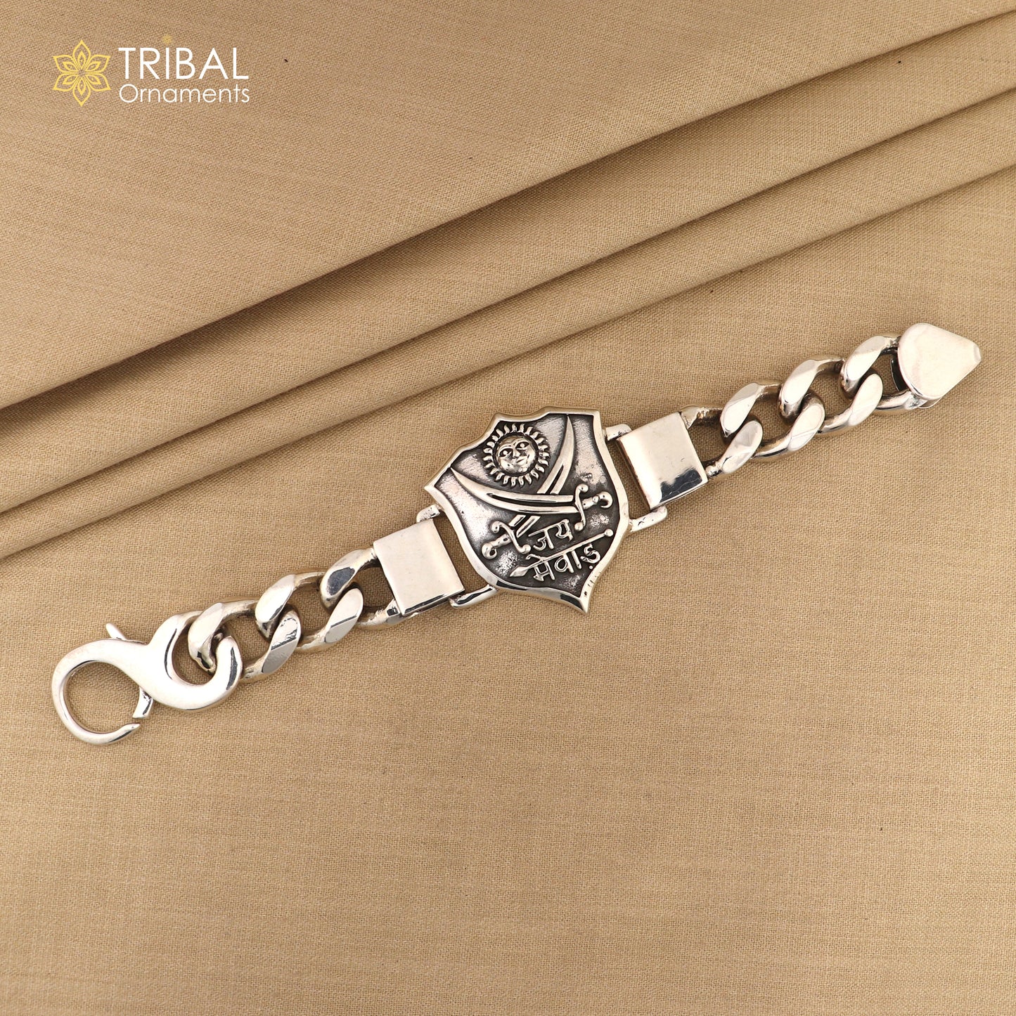 7.5 inches 925 sterling silver jai mewar logo heavy chain bracelet, men's jewelry sbr768 - TRIBAL ORNAMENTS