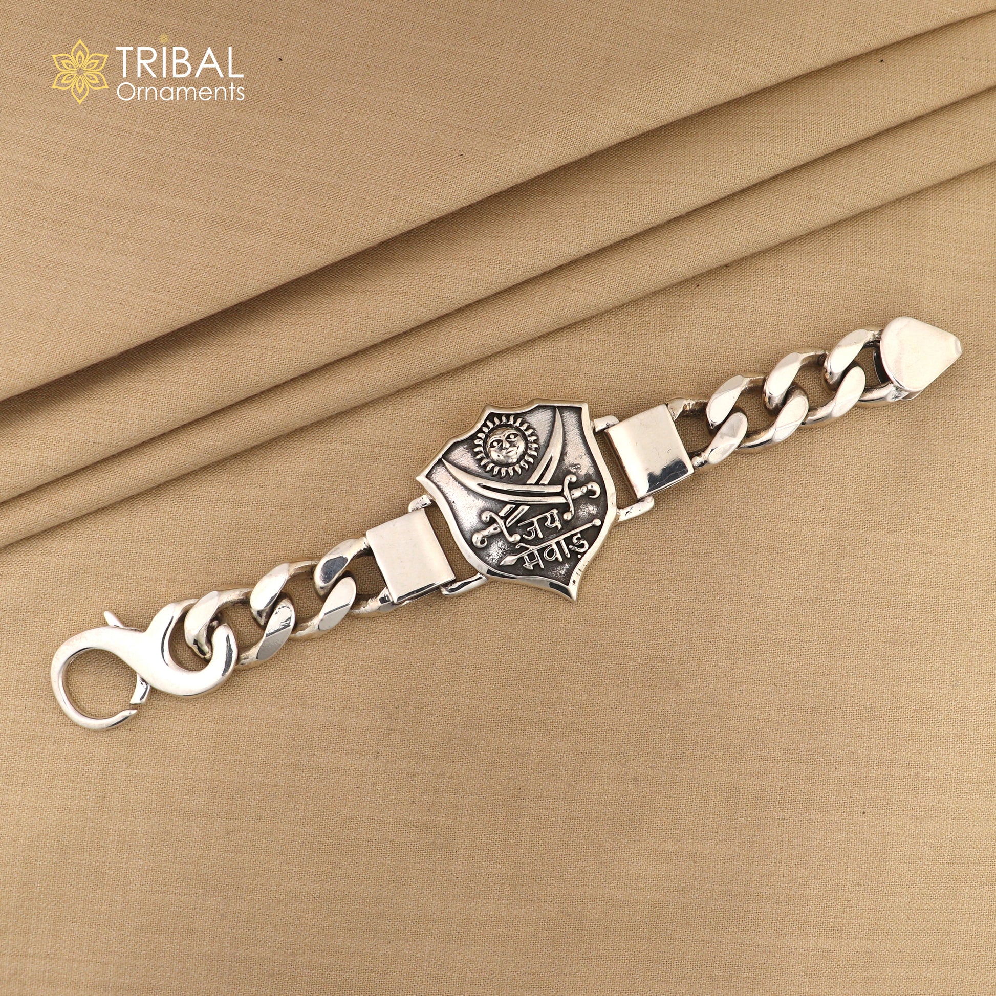 7.5 inches 925 sterling silver jai mewar logo heavy chain bracelet, men's jewelry sbr768 - TRIBAL ORNAMENTS