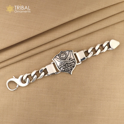 7.5-inch sterling silver Jai Mewar logo heavy chain bracelet for men, tribal ornaments men's jewelry with intricate design