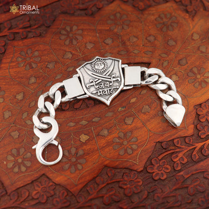 7.5-inch sterling silver Jai Mewar logo heavy chain bracelet for men, tribal ornaments jewelry with detailed links.