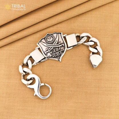 7.5-inch sterling silver Jai Mewar logo heavy chain bracelet for men by Tribal Ornaments, showcasing detailed metalwork and bold design.
