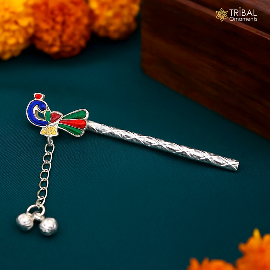 7 cm long sterling silver handmade idol baby Krishna flute, silver bansuri, laddu gopala flute, little krishna flute puja art su793 - TRIBAL ORNAMENTS