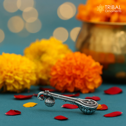 Small 7 GM Saraswati Veena in 925 sterling silver, traditional musical instrument for Goddess Sharda, ideal for puja and temple decor.
