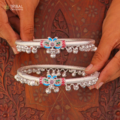 Sterling silver vintage-style foot ankle bracelet with decorative bells, custom tribal design by TRIBAL ORNAMENTS.