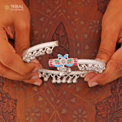 Sterling silver vintage ankle bracelet with 7mm beads, custom design, noisy bells, tribal ornament style, jewelry accessory.