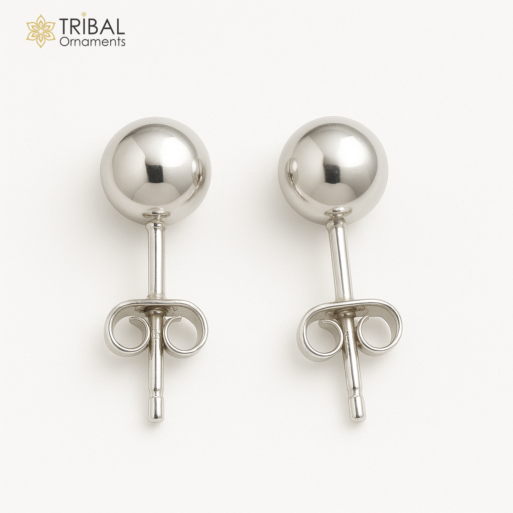 7 mm solid 925 sterling silver ball stud earring, fabulous daily use stud new fancy jewelry India, best gifting light weight stud ear662 - TRIBAL ORNAMENTS