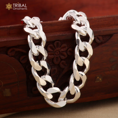 8.5-inch sterling silver antique Cuban link chain bracelet for men, unisex jewelry by TRIBAL ORNAMENTS with intricate link design.