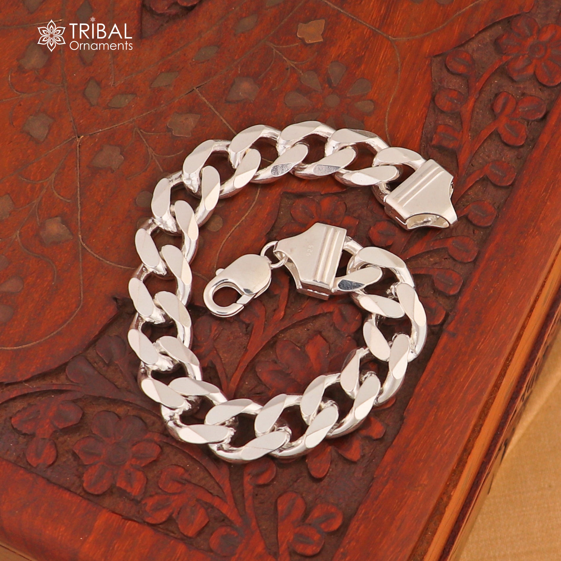 8.5-inch sterling silver antique Cuban link chain by Tribal Ornaments, unisex jewelry with intricate link design.