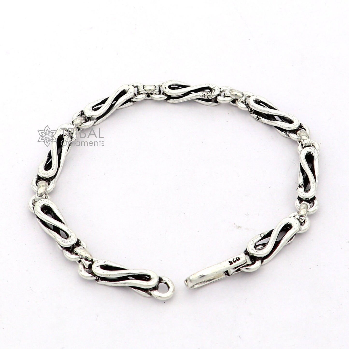 8-inch sterling silver oxidized chain bracelet with personalized custom design, showcasing intricate craftsmanship and stylish details.
