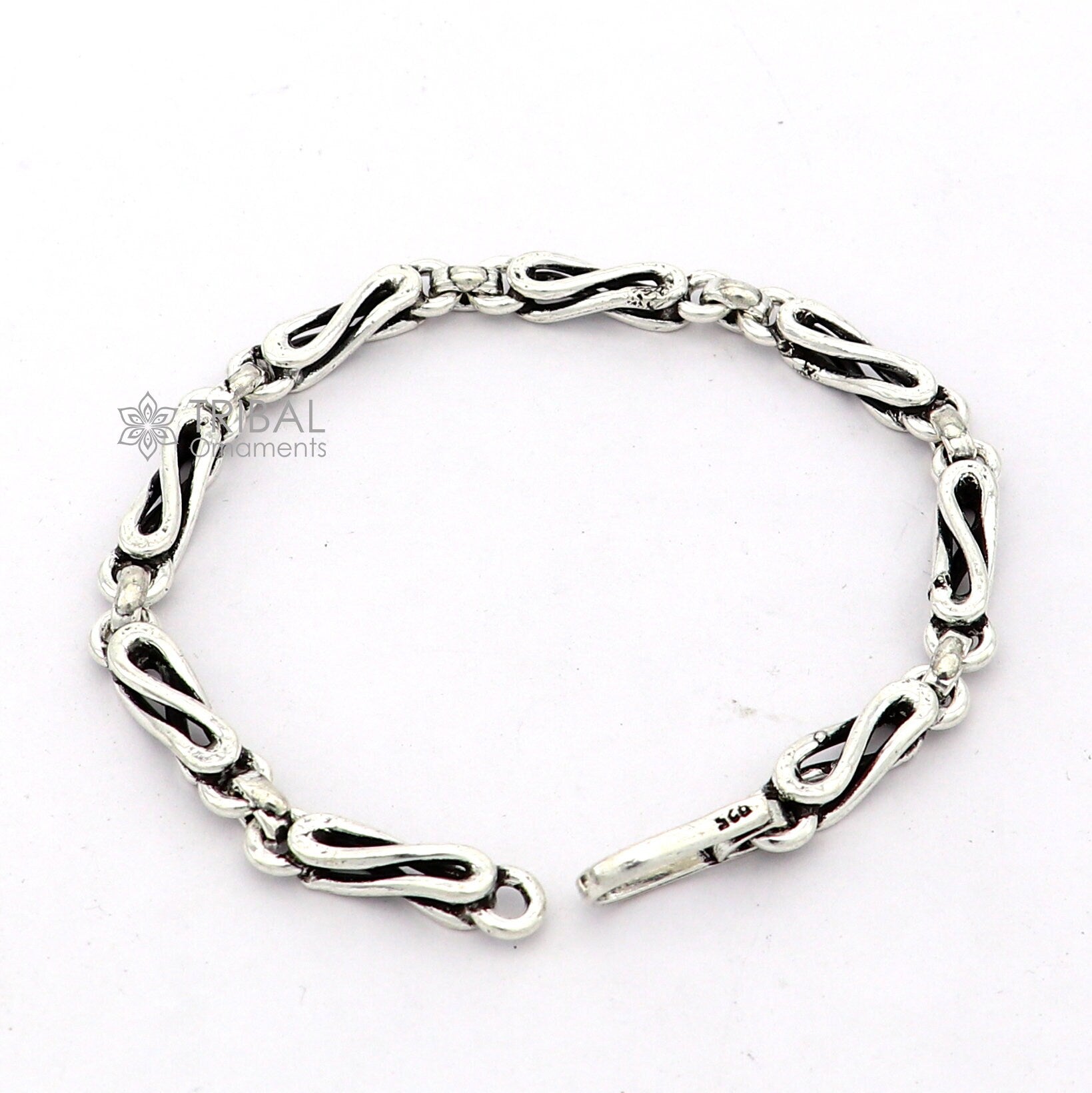 8-inch sterling silver oxidized chain bracelet with personalized custom design, showcasing intricate craftsmanship and stylish details.