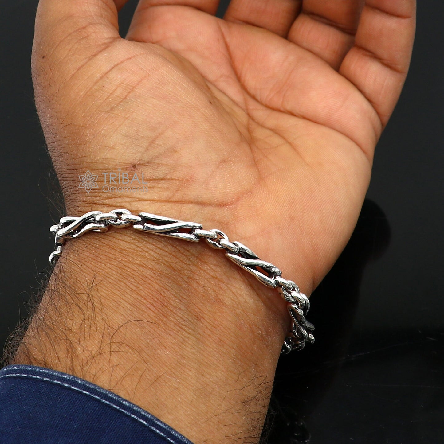 Stylish 8-inch sterling silver oxidized chain bracelet with personalized custom design from Tribal Ornaments.