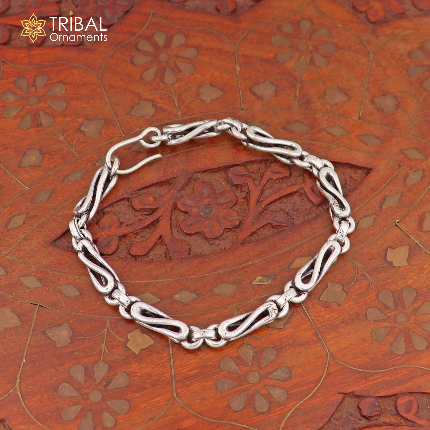 Sterling silver 8-inch oxidized chain bracelet with customized design, stylish personalized jewelry by TRIBAL ORNAMENTS.