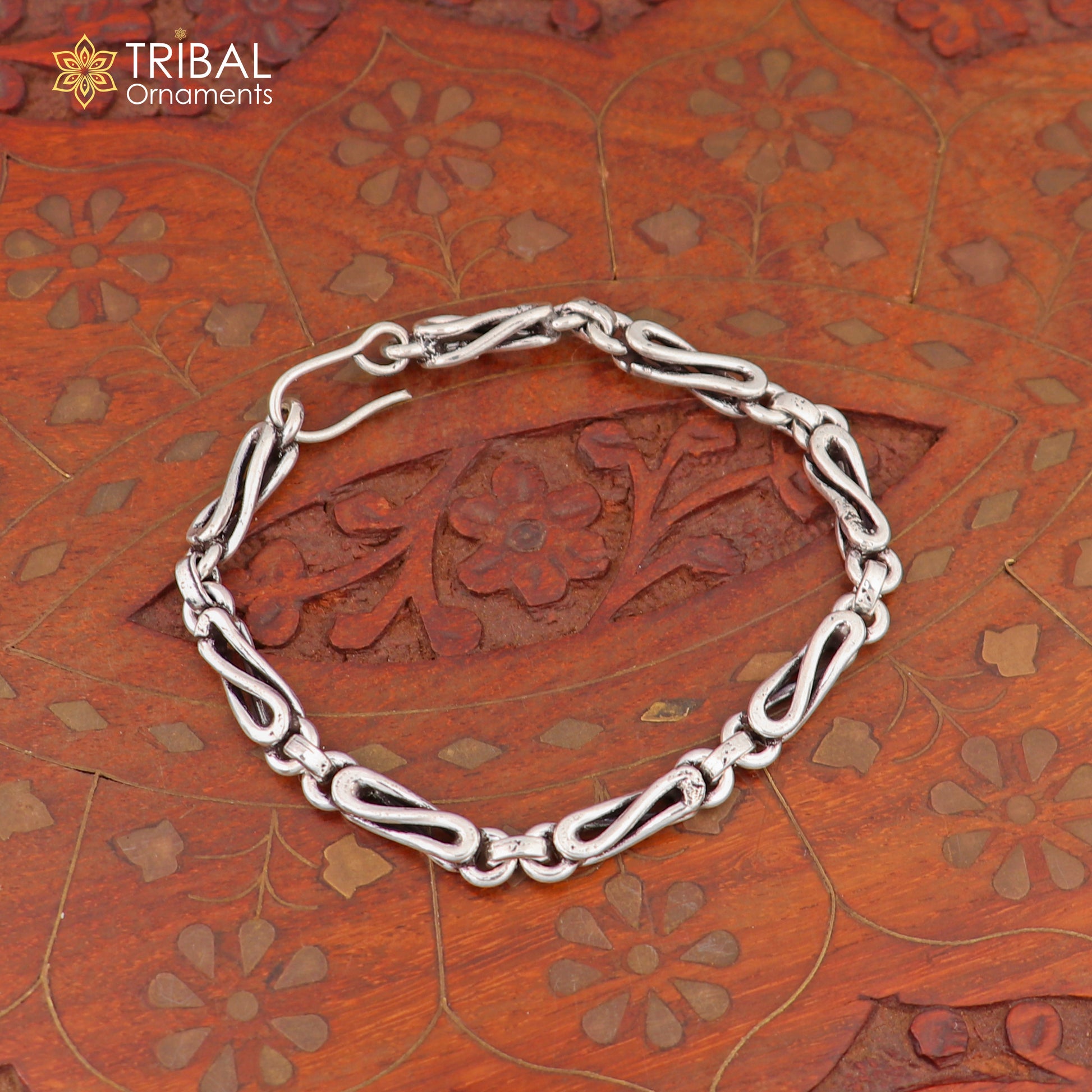 Sterling silver 8-inch oxidized chain bracelet with customized design, stylish personalized jewelry by TRIBAL ORNAMENTS.