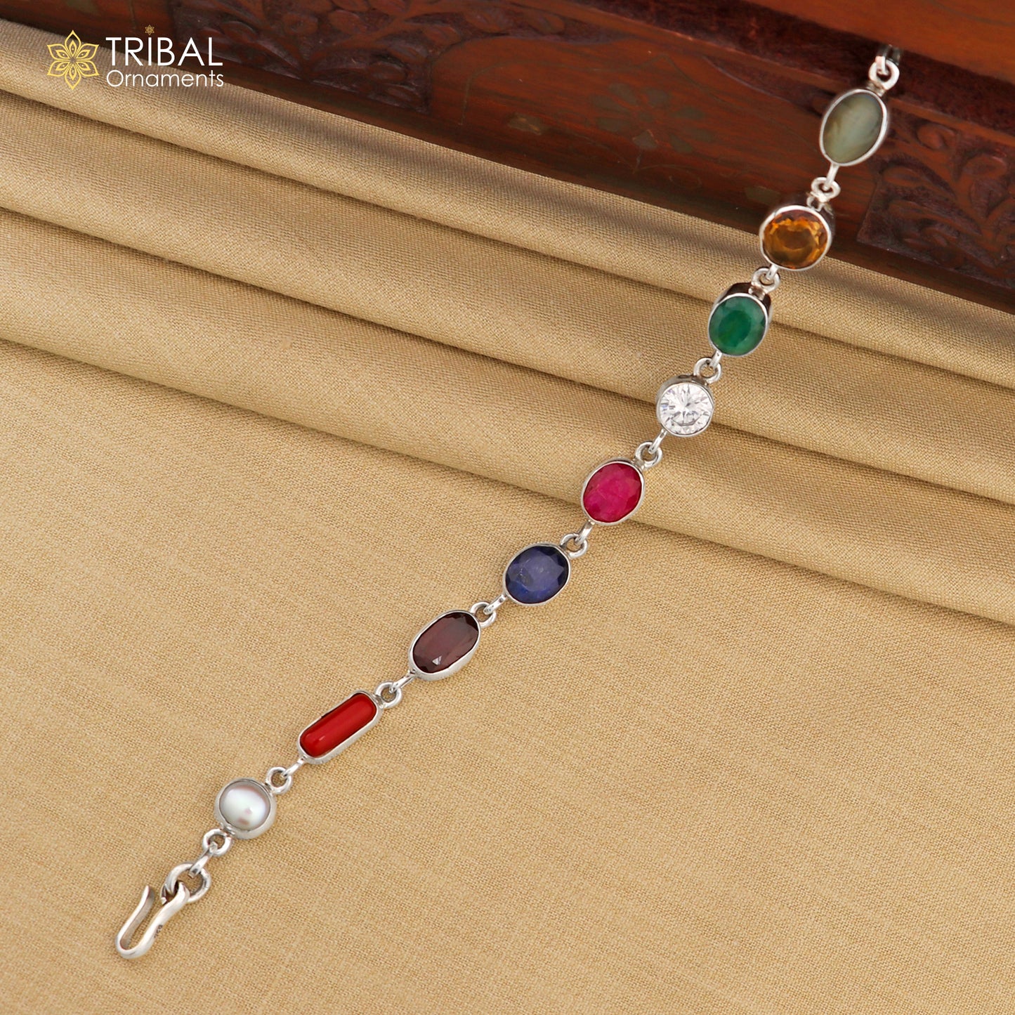 8 inches long 925 sterling silver handmade Navratan stone nine stone bracelet, Stunning stylish jewelry from Rajasthan India nsbr415 - TRIBAL ORNAMENTS
