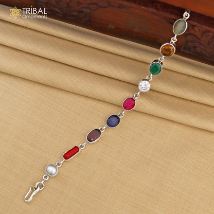 925 sterling silver Navratan stone nine-stone bracelet with intricate handmade design, stylish jewelry from Rajasthan, India.