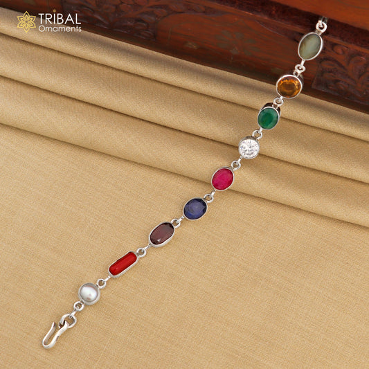 8 inches long 925 sterling silver handmade Navratan stone nine stone bracelet, Stunning stylish jewelry from Rajasthan India nsbr415 - TRIBAL ORNAMENTS