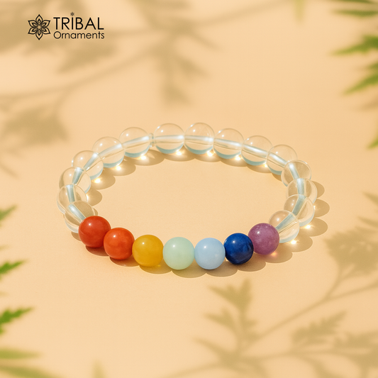 8 MM 7 Chakra with quartz natural stone beaded handmade bracelet, customized unisex Jewelry, stnbr123 - TRIBAL ORNAMENTS