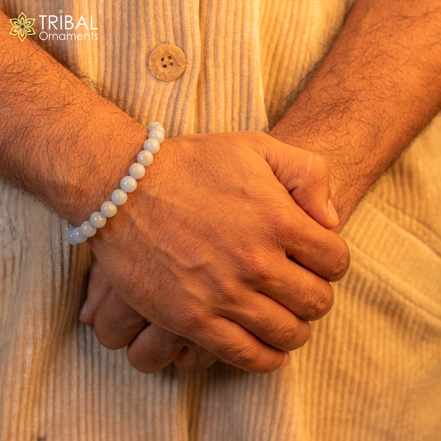 8 MM Angelite natural stone beaded handmade bracelet, customized unisex Jewelry, stnbr116 - TRIBAL ORNAMENTS