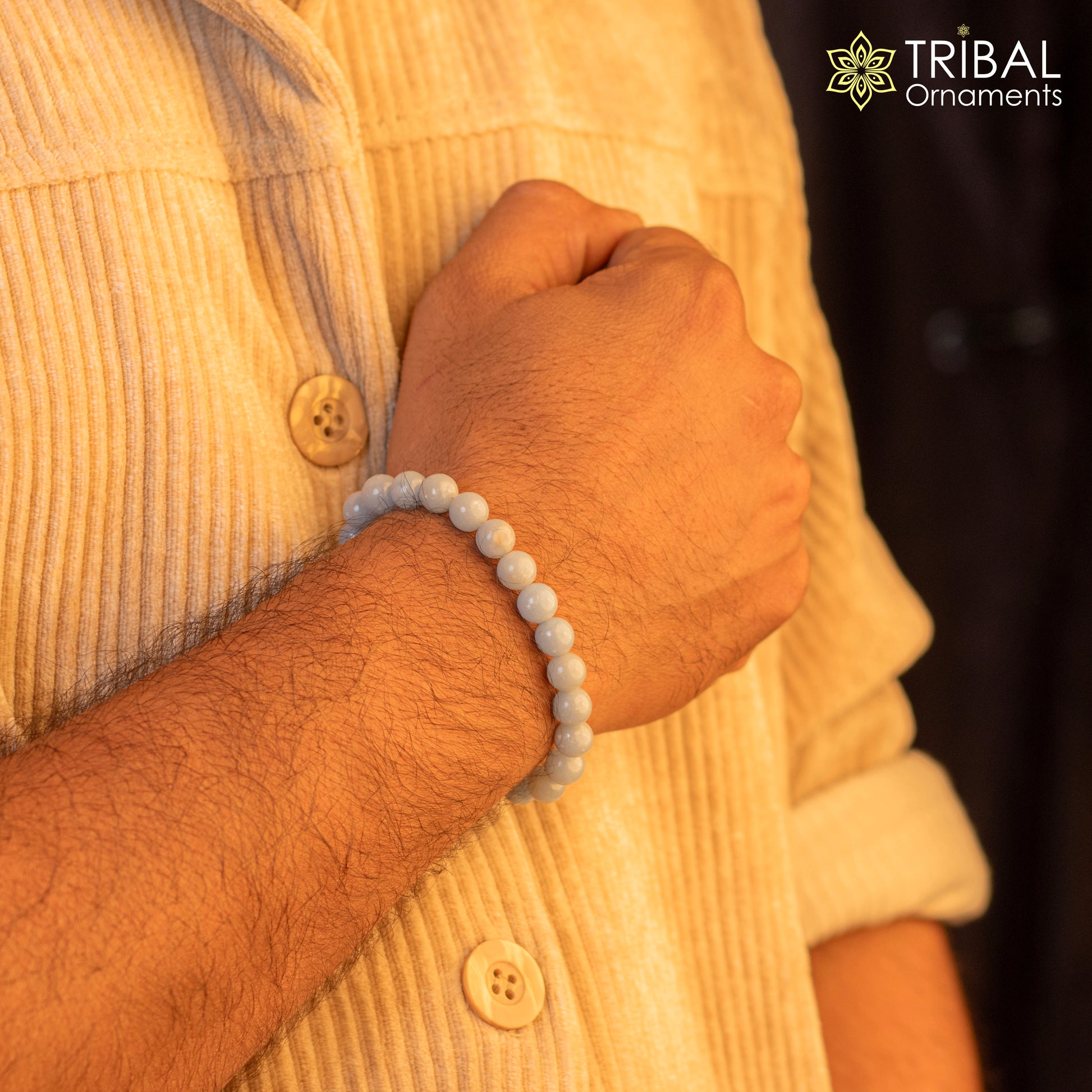 8 MM Angelite natural stone beaded handmade bracelet, customized unisex Jewelry, stnbr116 - TRIBAL ORNAMENTS