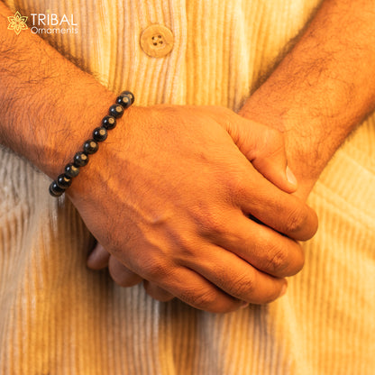 8 mm black agate natural stone beaded handmade bracelet by TRIBAL ORNAMENTS, unisex jewelry with customizable design.