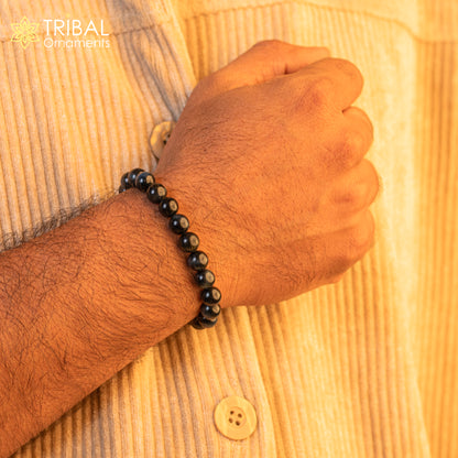 8mm black agate natural stone beaded handmade bracelet by TRIBAL ORNAMENTS, unisex customized jewelry with polished beads