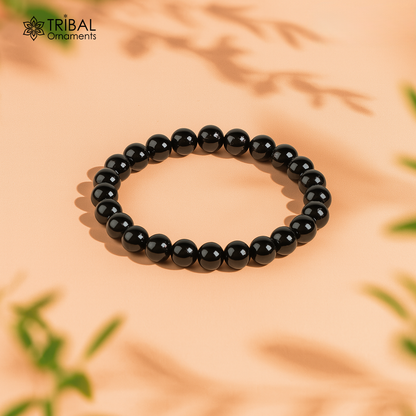 8 mm black agate natural stone beaded handmade bracelet by TRIBAL ORNAMENTS, unisex jewelry with customizable design.