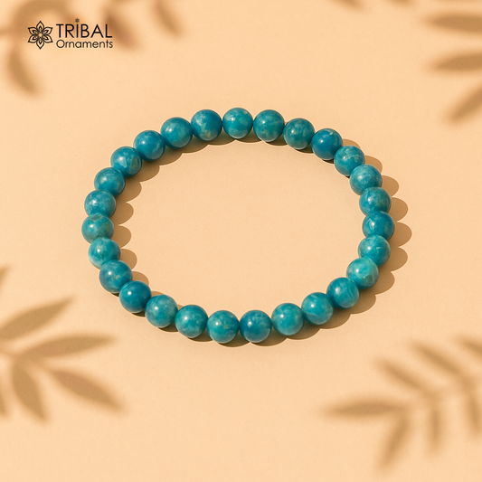 8 MM Blue apatite turquoise natural stone beaded handmade bracelet, customized unisex Jewelry, stnbr112 - TRIBAL ORNAMENTS