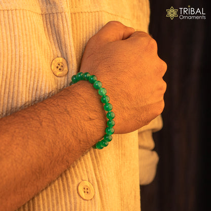 Handmade unisex bracelet with 8mm green aventurine gemstone beads by TRIBAL ORNAMENTS, customized jewelry for everyday wear.