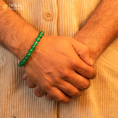 Handmade unisex bracelet with 8mm green aventurine gemstone beads, crafted by TRIBAL ORNAMENTS.