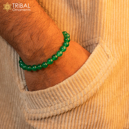 Handmade unisex bracelet with 8mm green aventurine gemstone beads, crafted by TRIBAL ORNAMENTS for customized jewelry style.