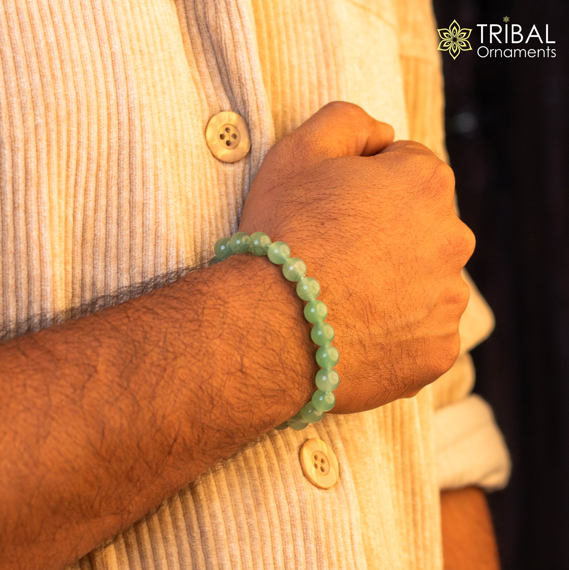8 mm green aventurine natural gemstone beaded handmade bracelet by TRIBAL ORNAMENTS, unisex jewelry with customizable design.
